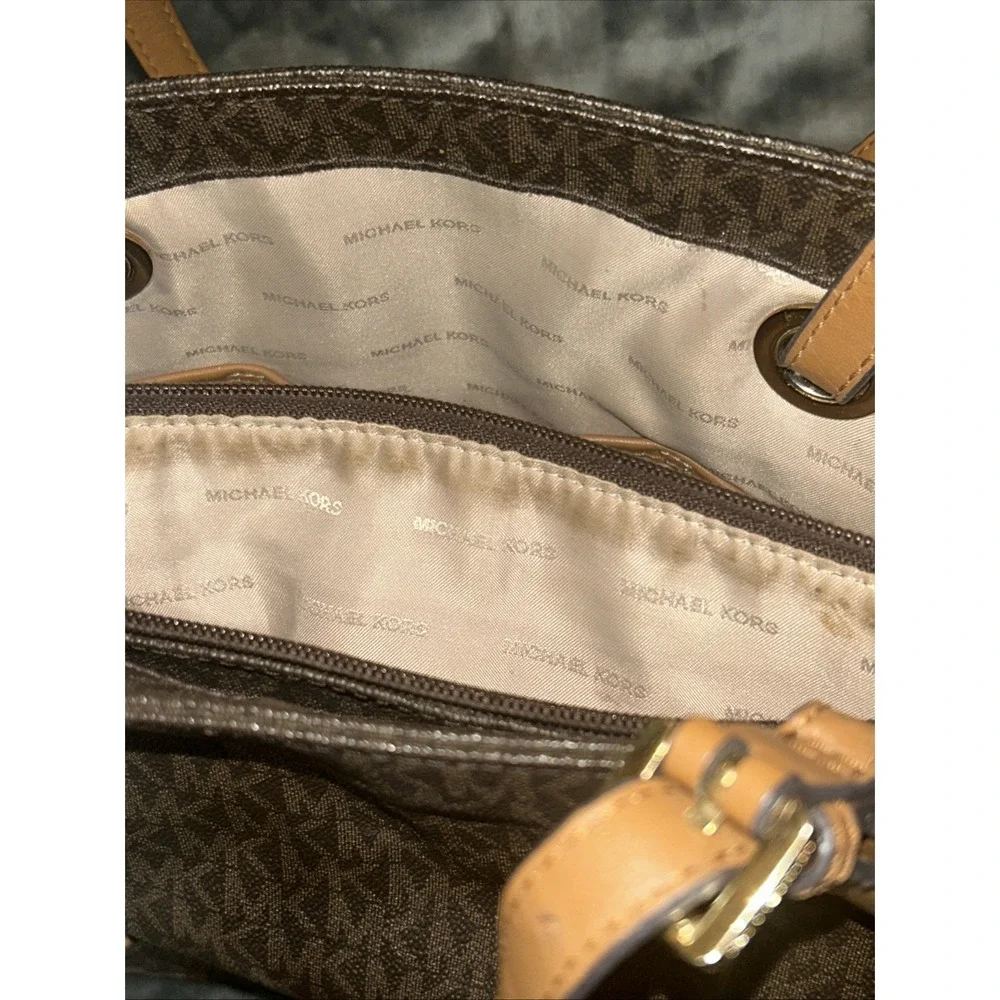Michael Kors Jet Set Travel Large Mk Signature Logo Tote Handbag Brown 30S11T4B